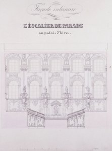Indvendig facade af Parade Trappen ved Vinterpaladset; Indvendig facade af Parade-trappen ved Vinterpaladset, ca. 1838 (pen- og blæktegning på papir) af School Russian
