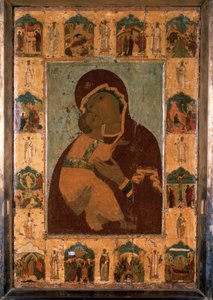""Jomfruen af ​​Vladimir"" (Vladimirskaia) russisk ikon. Maling på træ. 1514 Dormition-katedralen i Kreml, Moskva af School Russian