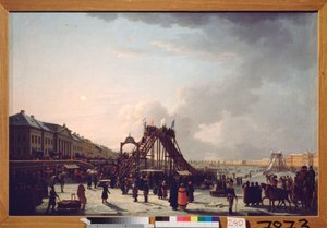 De otte store (rutschebanen) på Neva i Sankt Petersborg. (Efemere rutsjebane til vintersæsonen). Maleri af en russisk mester, olie på lærred af School Russian