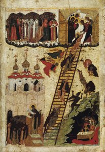""The Ladder of Paradise of Saint John Climacus"" (Holy Ladder of Saint John the Sinaiticus) Den repræsenterer munkene, der når toppen af ​​stigen, og dem, der falder i helvede - russisk ikon fra begyndelsen af ​​det 16. århundrede State Russian Museum , h