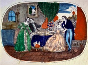 Mondanite: scene for måltider og forførelse mellem to par. Rusland. Stik omkring 1850. Privat Samling af School Russian