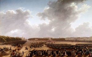 Parade på Champs de Mars, i forgrunden Alexander Pushkin (Pushkin) (1799-1837) og Nicolas I (1796-1855) på en hest, der går foran imperatricen i en vogn i Paris Maleri af den russiske skole. 1825-1830. Sankt Petersborg, Museum of af School Russian