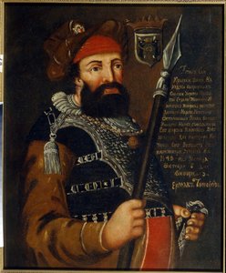 Portræt af kosaklederen, erobreren og opdagelsesrejsende af Sibirien, Yermak Timofeyevich (født mellem 1532 og 1542-1585) (Portræt af kosakkens leder og erobrer af Sibirien, Yermak Timopheyevich). Anonym maleri, olie på lærred af School Russian