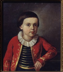 Portræt af digteren Mikhail Lermontov (1814-1841), som barn. Maleri af en russisk mester, olie på lærred af School Russian
