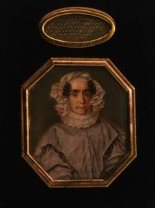 Portræt af Praskovya Mikhailovna Tolstaya (1777-1844), med en gitterlås af hendes hår, ca. 1844 (akvarel og gouache) af School Russian