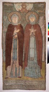 Prins Sankt Peter og Sankt Fevronia af Murom (De hellige Peter og Fevronia af Murom) - Kirkeligt broderi af en russisk mester, silke- og guld- og sølvtråde på lærred