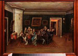 Aftenreception. (Scene i dagligdagen, familie og venner er samlet omkring middagsbordet). Maleri af en russisk mester, olie på lærred, midten af ​​1800-tallet. Statens centrale litterære museum, Moskva. af School Russian