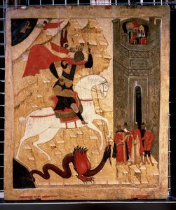 ""Repræsentation af Sankt Georg og dragen"" Russisk ikon. Maleri på træ fra 1400-tallet. Statens Tretyakov-galleri, Moskva af School Russian