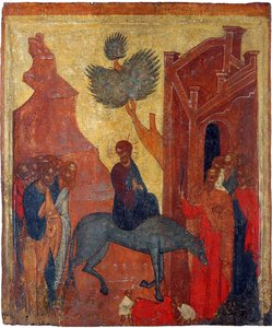 Russisk ikon: Kristi indtog i Jerusalem. Tempera på panel, anden halvdel af det 15. århundrede, Museum for historie og kunst, Suzdal af School Russian