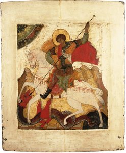 Sankt Georg og dragen - russisk ikon. Tempera på panel, begyndelsen af 1500-tallet. Mål : 31,5x26,5 cm Ikonen Museum Recklinghausen