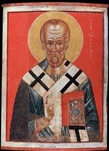Saint Nicolas (eller Saint Nicolas de Myre eller Saint Nicolas de Bari, 270-345) (Saint Nicholas). Russisk ikon, tempera på træ, slutningen af ​​det 13., begyndelsen af ​​det 14. århundrede, kunst fra Novgorod (Rusland). State Hermitage, Sankt Petersborg. af School Russian