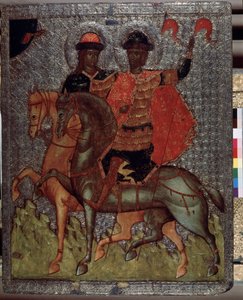De hellige Boris (eller romerske) og Gleb (eller David) på en hest (martyrer i 1015) (De hellige Boris og Gleb til hest). Yngre sønner af Saint Vladimir, storprins af Kiev, var altid kendetegnet ved deres fromhed, men ved deres fars død, den ældste Svia af School Russian