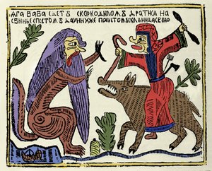 Slavisk mytologi: heksen Baba Yaga (Baba-Yaga) rider på en gris, der kæmper mod en krokodille. Russisk tryk fra det 19. århundrede