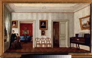 Et lille værelse med et klaver. (Og to kvinder kigger ud af vinduet). Maleri af en russisk mester, olie på lærred, midten af ​​1800-tallet. Statens Tretyakov-galleri, Moskva. af School Russian