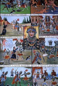 En dukketeaterindretning ved navn Puppi, der tilhører en siciliansk tradition, der går tilbage til oldtiden og har til formål at fortælle historien om invasioner og normanniske erobringer. Palermo, Sicilien, Italien.