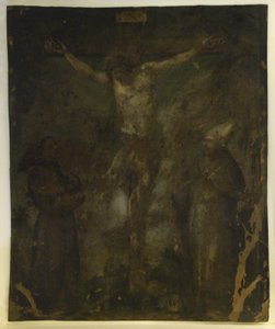 Korsfæstelse (Madonna On Verso) (olie på kobber) af School Spanish