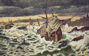 Ødelæggelse ved storme af den uovervindelige spanske armada, sendt af kong Philip II mod England i 1588 (håndfarvet gravering)