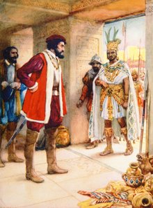 Hernan Cortes gør Montezuma til gidsel i 1519 (farve litho)