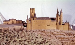 Militær arkitektur: miniaturemodel af Royal Alcazar i Segovia bygget af kong Alfonso VI af Castilien. Armee-museet i Madrid. af School Spanish