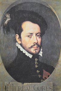 Portræt af Hernan Cortes (farve litho) af School Spanish