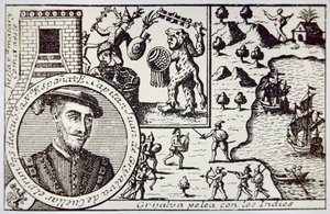 Spaniere under Juan de Grijalva lander ved Yucatan og engagerer Maya-krigere i slaget ved Champoton, maj 1518 (litho) af School Spanish