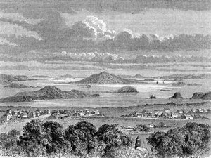 Udsigt over Aucklands havn, illustration fra "The Return to the World af School Spanish