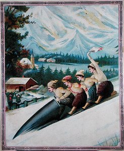 Turister kælkning, begyndelsen af det 20. århundrede (farve litho) af School Swiss