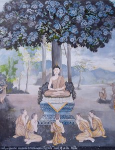 Freske, der viser en scene fra Buddhas liv, Wat Phra That Doi Suthep-templet (freske) af School Thai