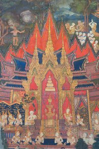 Vægmalerier i Buddhaisawan-kapellet viser Indra, der stiger ned fra himlen kort efter Buddhas kremering og snupper det mest værdifulde relikvie, en tand, der er gemt i brahminens chignon. af School Thai