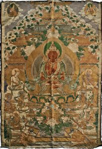 Amitabha (det rene lands buddha) - Tibetansk maleri, pigmenter og guld på stof, slutningen af ​​det 19. århundrede, 74x51 cm - (Amitayus Buddha Thangka, Tibetansk kultur, Pigmenter og guld på tekstil, Slutningen af ​​1800-tallet) - Privat samling