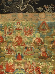 Detalje af tredje Panchen Lama Losan Penden Yeshe (gouache på stof) af School Tibetan