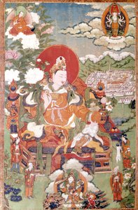 Konge af Tibet Sung-Tsen-Gampo fra det 7. århundrede. Tibetansk Thai-ka, Guimet Museum, Paris