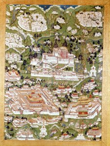 Repræsentation af byen Lhasa, Tibetansk Thai-Ka, Guimet Museum, Paris af School Tibetan