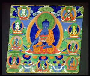 Thangka-maleri, der viser medicinens Buddha, Bhaishajyaguru (Menla) tibetansk
