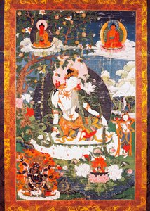 Bodhisattvaen Avalokitesvara Padmapani sidder, tanka eller thangka (buddhistisk banner), tibetansk civilisation