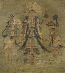 Tibetansk kultur: Vaisravana Bishamonten, Nordens vogter. Blæk på silke, størrelse: 62,5x53