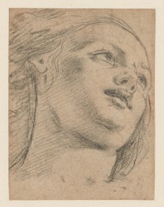 Kvindelig hovedundersøgelse ser op til højre (recto); Studie af to figurer, der understøtter et objekt (verso) af School of Guido Reni