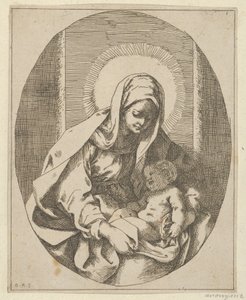 Jomfruen holder spædbarnet Kristus på skødet, en oval komposition, efter Reni, 1620-50., 1620-50. af School of Guido Reni