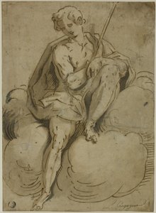 Siddende Sankt Johannes Døberen af School of Luca Cambiaso