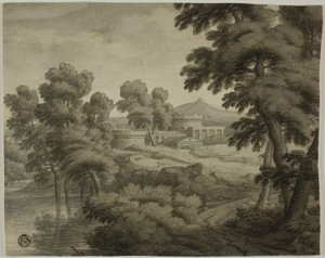 Italiensk landskab med slot, træer og vand i forgrunden af School of Nicolas Poussin