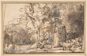 Jakobs og Rakels møde ved brønden, 1640-49. af School of Rembrandt van Rijn