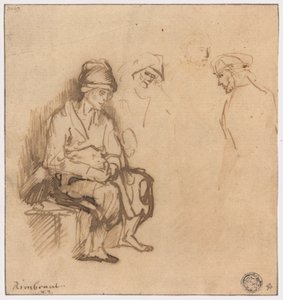 Kvinde siddende på bænk og tre skitser af hoveder af School of Rembrandt van Rijn
