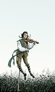 Barokviolin-fugleskræmsel, 2006 (scratchboard, farvelagt digitalt) af Scott McKowen