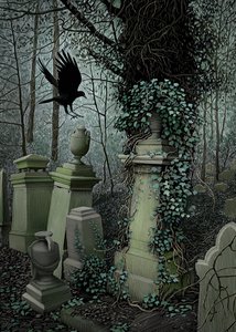 Highgate Cemetery, 2010 (scratchboard, farvelagt digitalt) af Scott McKowen