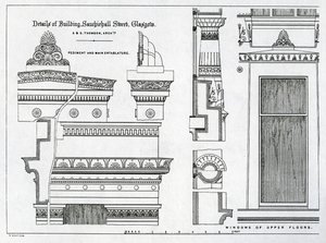 Arkitektoniske detaljer af Grecian Chambers, 336-356 Sauchiehall Street, Glasgow, designet af Alexander Greek Thomson, 1869 af Scottish School