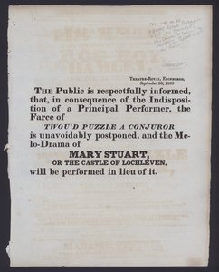 Meddelelse om en ændring af den fakturerede forestilling på Theatre Royal, Edinburgh, 30. september 1829 (litho) af Scottish School