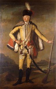 Portræt af John Lindsay, 20. jarl af Crawford og Lindsay, i fuld længde, i Hussar Uniform, med en Flintlock Musket, a Landscape beyond, ca. 1745 af Scottish School
