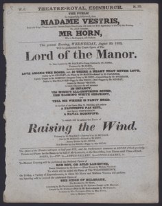 Teaterprogram for Theatre Royal, Edinburgh, 20. august 1823 (litho) af Scottish School