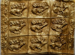 Art Scythian (Scythian civilisation eller Scythia): dæksel af guldkogger dekorerer dyr (hjort). Fra Tumulus nr. 4 i Kelermes, Krasnodar-regionen, Kuban, Rusland, 7. århundrede f.Kr. af Scythian