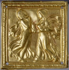 Art des steppes - skytisk kunst : Firkantet plakette med dansere. Guld, størrelse: H 4,7, 4. århundrede f.Kr., State Hermitage, St. Petersburg af Scythian